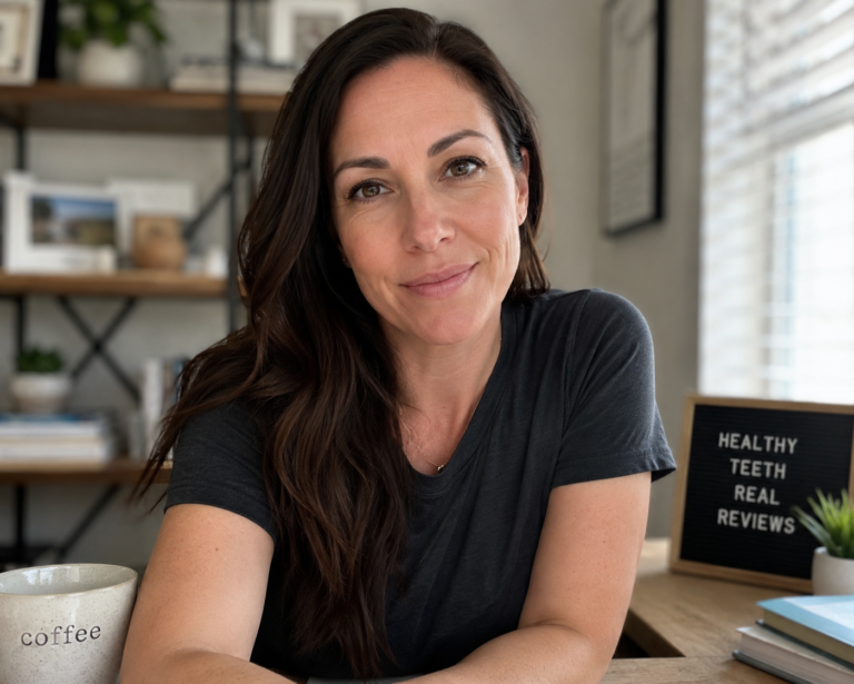 Claire Donnelly, founder of The Oral Care Report, at her desk with a cup of coffee