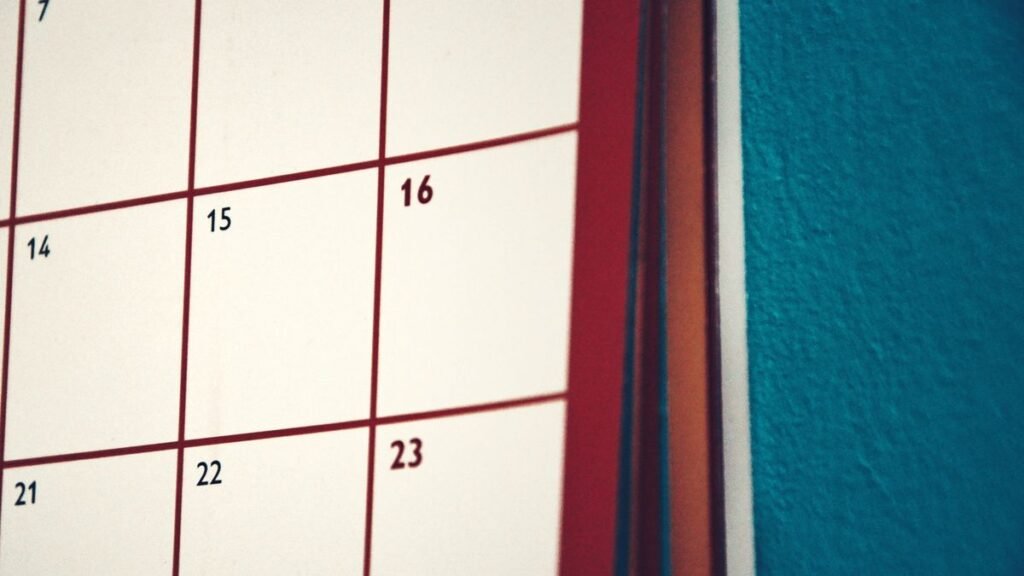 Close-up of a wall calendar with dates in view