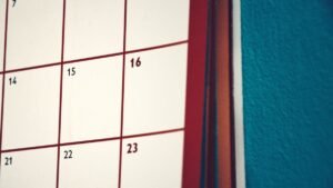Close-up of a wall calendar with dates in view
