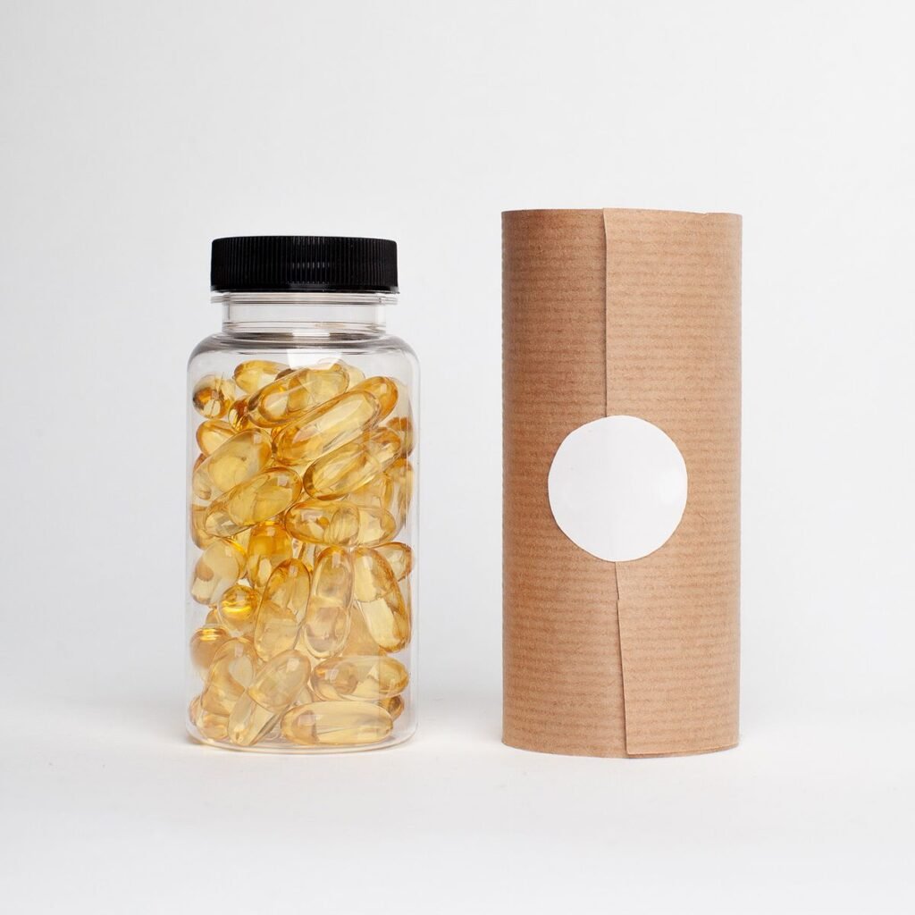 Supplement capsule bottle next to plain kraft packaging with a blank label, representing how to evaluate supplement trustworthiness