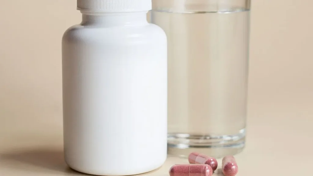 White supplement bottle next to a glass of water, with a few capsules on the table