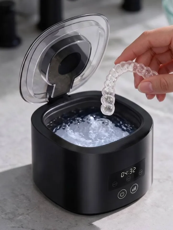 DentaSonic ultrasonic retainer cleaner with a clear aligner being lowered into the water tank
